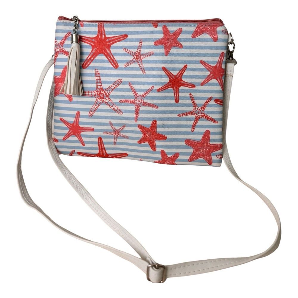 LIB Crossbody Bag Makeup Toiletry Starfish and‎ Stripes Coral & Blue 10.5"